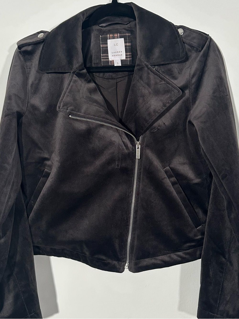LC Lauren Conrad Gray Velvet Moto Jacket Womens Small Boxy Cropped Biker Size S